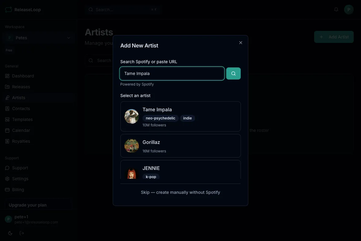 Add artist dialog with Spotify search results