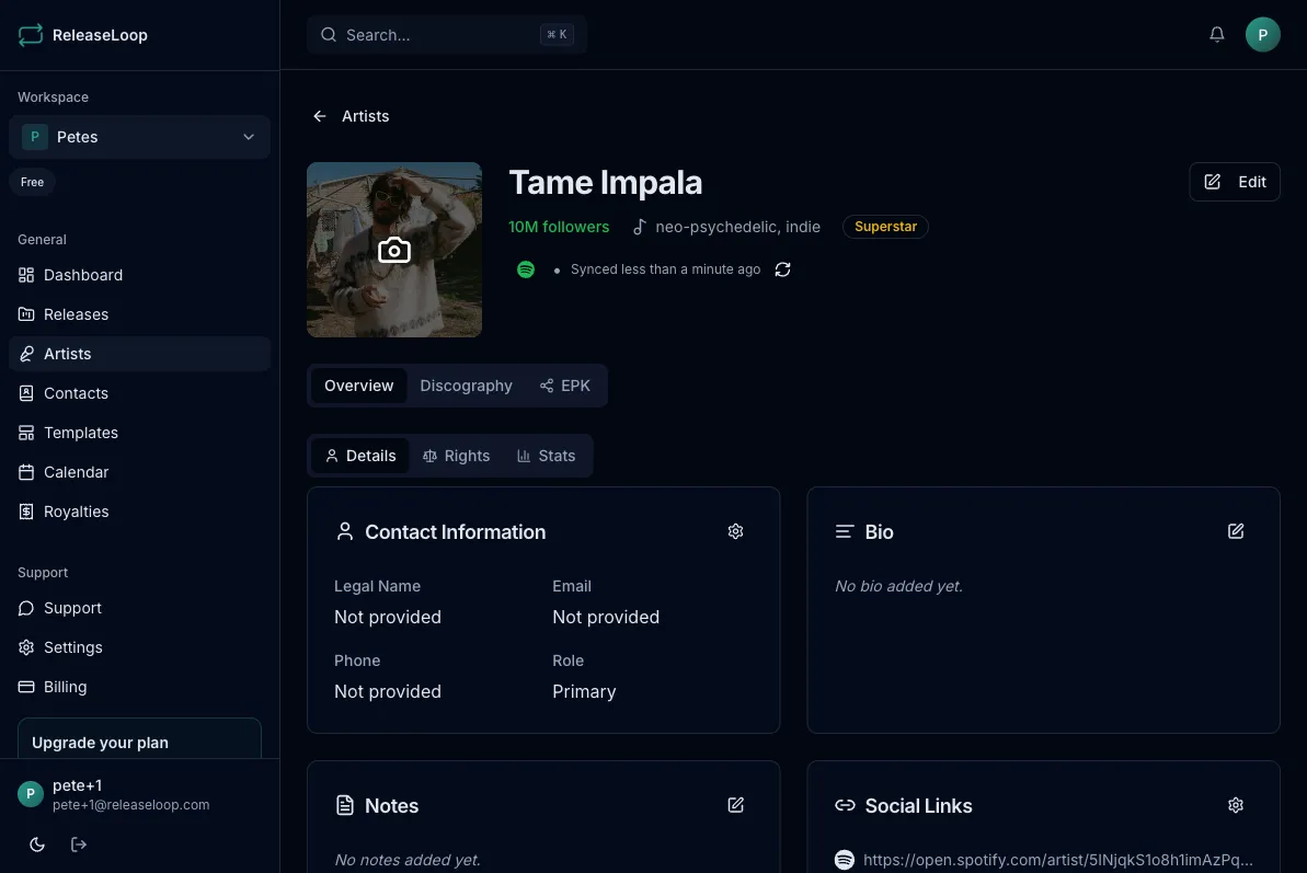 Artist detail page showing profile, stats, and tabs