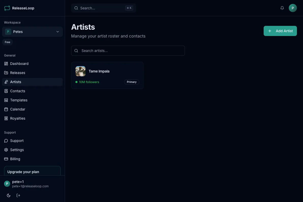 Artists page showing artist cards with profile photos and follower counts