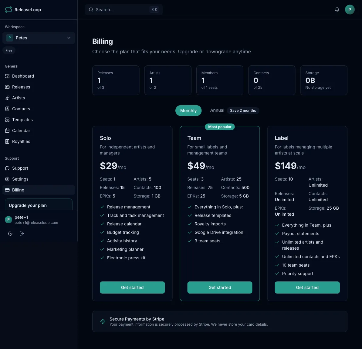 Billing page showing plan comparison