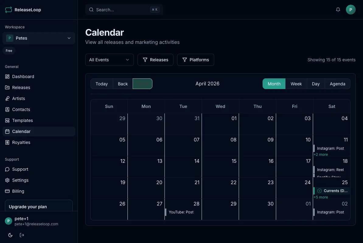 Calendar month view showing release dates and marketing activities