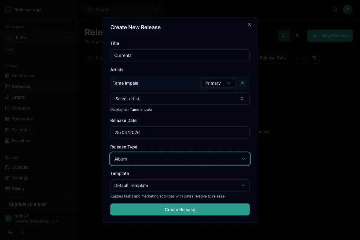 Create new release dialog with title, artists, date, type, and template fields