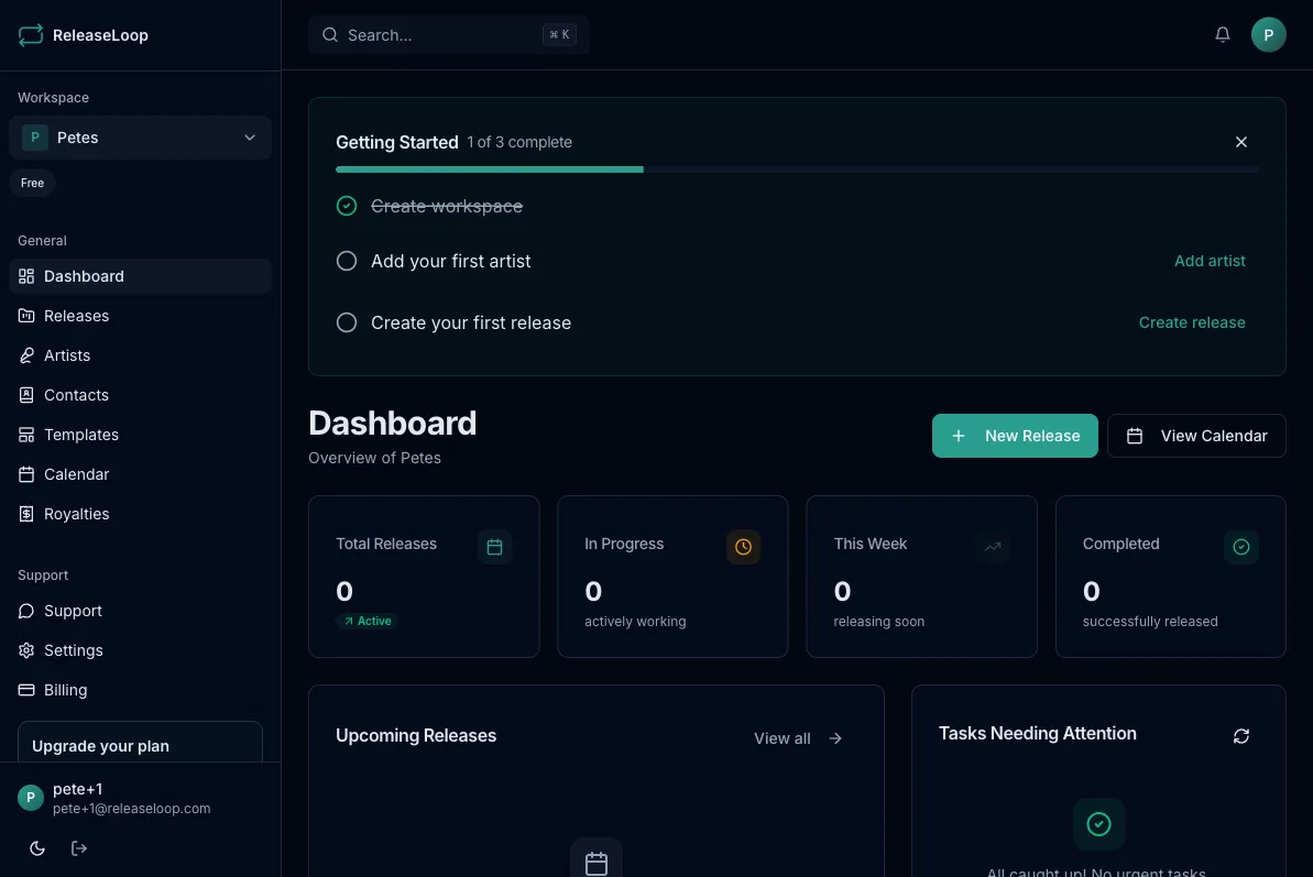 Dashboard showing onboarding checklist, stats, upcoming releases, and tasks