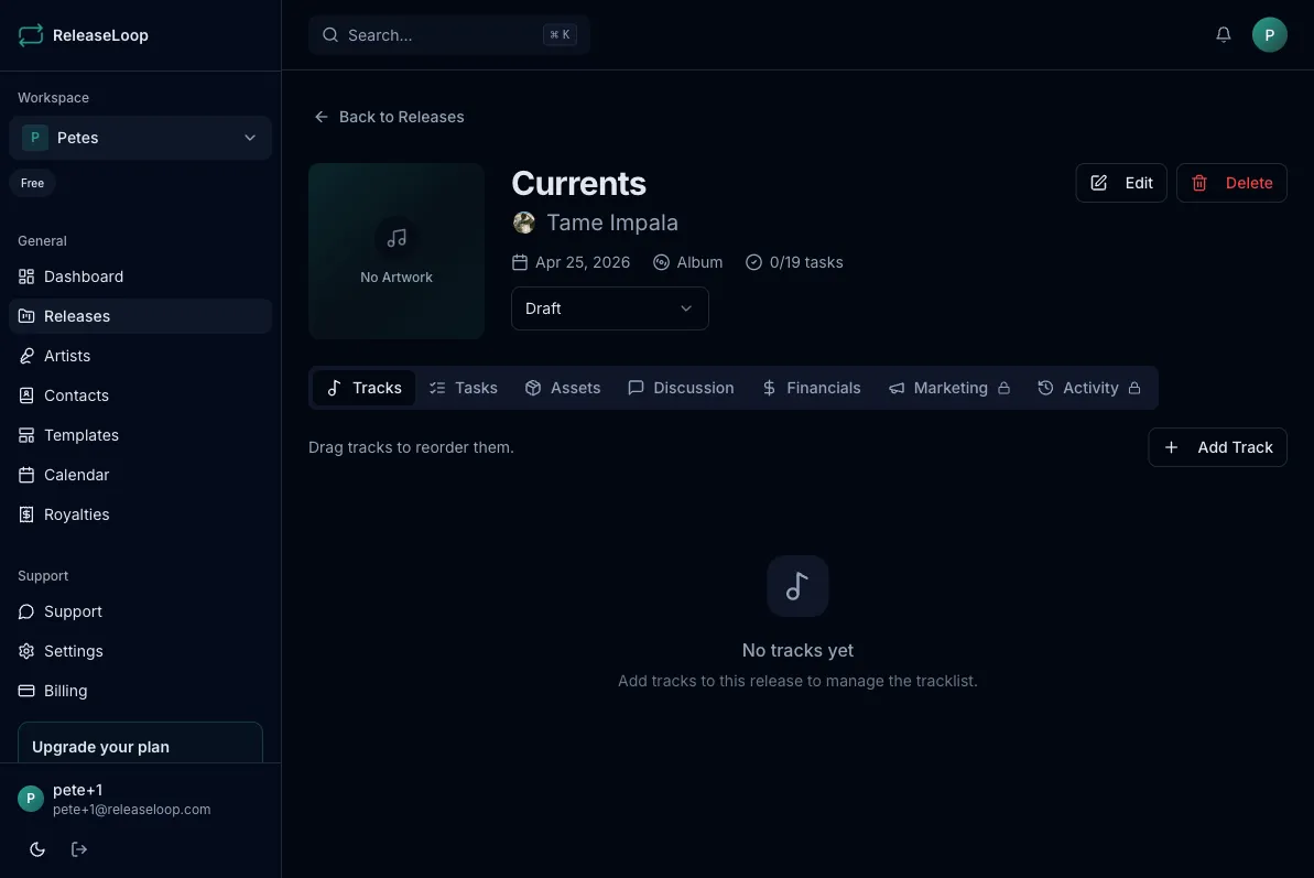 Release detail page showing tabs for Tracks, Tasks, Assets, Discussion, Financials, Marketing, and Activity