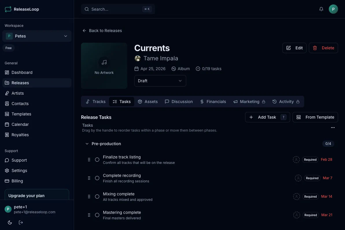 Tasks tab showing phased task checklist with due dates and assignees