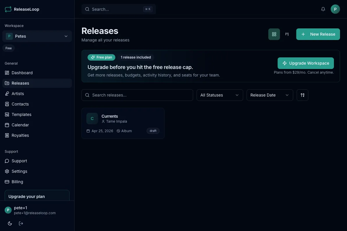 Releases page showing release cards with status, date, and artist info