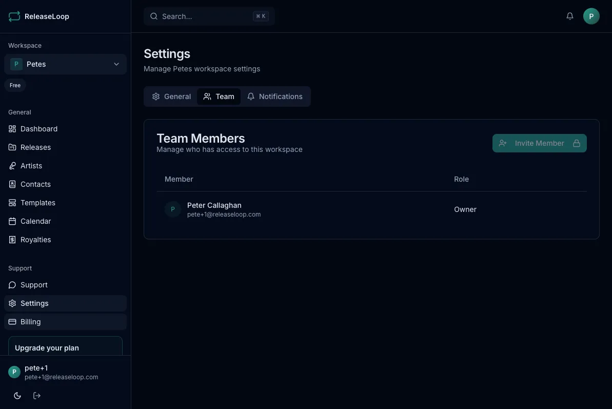 Settings team members page showing member list and roles